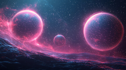 stunning cosmic scene featuring three glowing spheres surrounded by vibrant pink and purple nebulae, set against starry background. ethereal beauty evokes sense of wonder and exploration