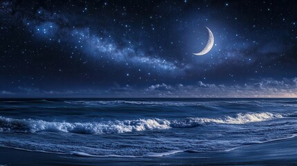 Starry Night Sky Over the Ocean with Moon and Gentle Waves in a Tranquil Setting