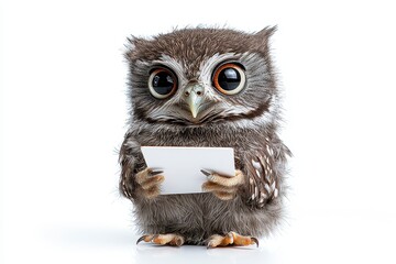 Naklejka premium Charming Brown Owl Figure Holding a Blank White Card on White Background