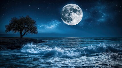 Serene Night Landscape with Moonlit Ocean Waves and Silhouette of Tree Under Starry Sky