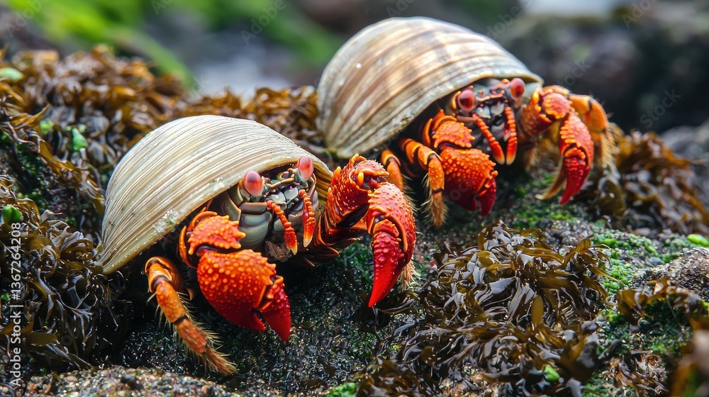 Poster Hermit crabs exploring a rocky shore with tidal pools and algae. 