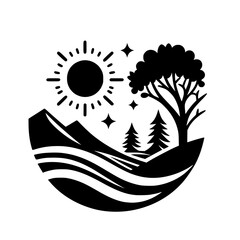 Silhouette Serenity: A Circular Landscape Illustration