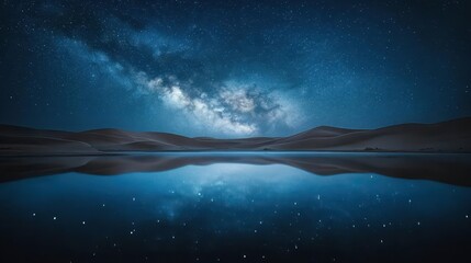 Starlit Desert Landscape Reflecting Milky Way Over Calm Water in Tranquil Night Scene