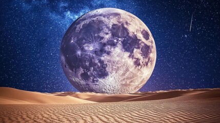 Stunning Full Moon Over an Expansive Desert Landscape Under a Starry Night Sky