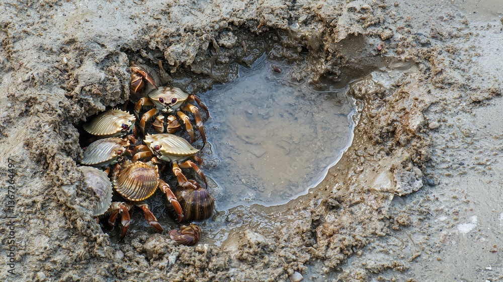 Poster hermit crabs gathered around a small puddle in a sandy environment