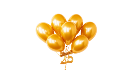 Bunch of golden balloons tied together on a transparent background