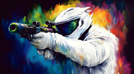 Abstract Portrait of a Soldier with a White Helmet Aiming a Gun