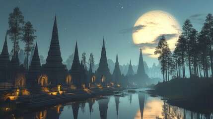 Serene Night Landscape with Ancient Temples and Full Moon Reflected in Calm Water