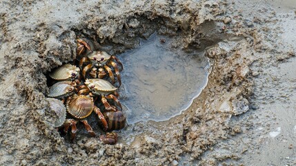 Hermit crabs gathered around a small puddle in a sandy environment 