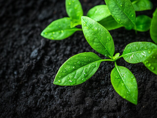 Green plant leaves with water drops on spring soil