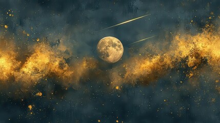 Stunning Celestial Scene With Golden Moon And Dazzling Galaxy In Night Sky