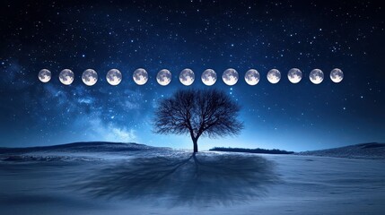 Starry Night Sky with Phases of the Moon Over a Solitary Tree in a Winter Landscape