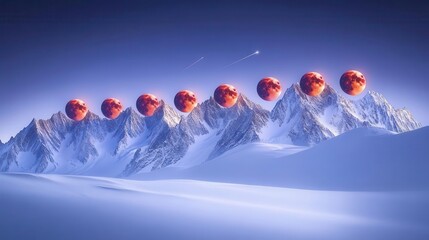 Surreal Mountain Landscape Illuminated by Fiery Orbs Against a Gradient Sky at Twilight