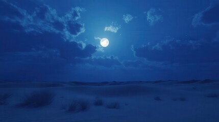 Starlit Desert Landscape Under Bright Moonlight with Dramatic Clouds and Serene Atmosphere