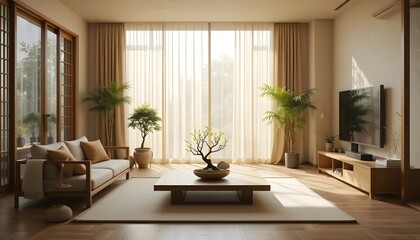 Fototapeta premium Japandi Zen Living Room Mockup