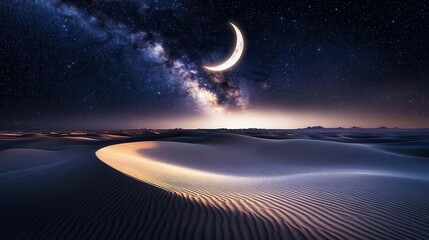 Stunning Night Sky Over Serene Desert Landscape with Crescent Moon and Milky Way Stars