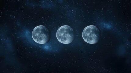 Three Brilliant Full Moons Illuminating A Dark Night Sky Filled With Twinkling Stars