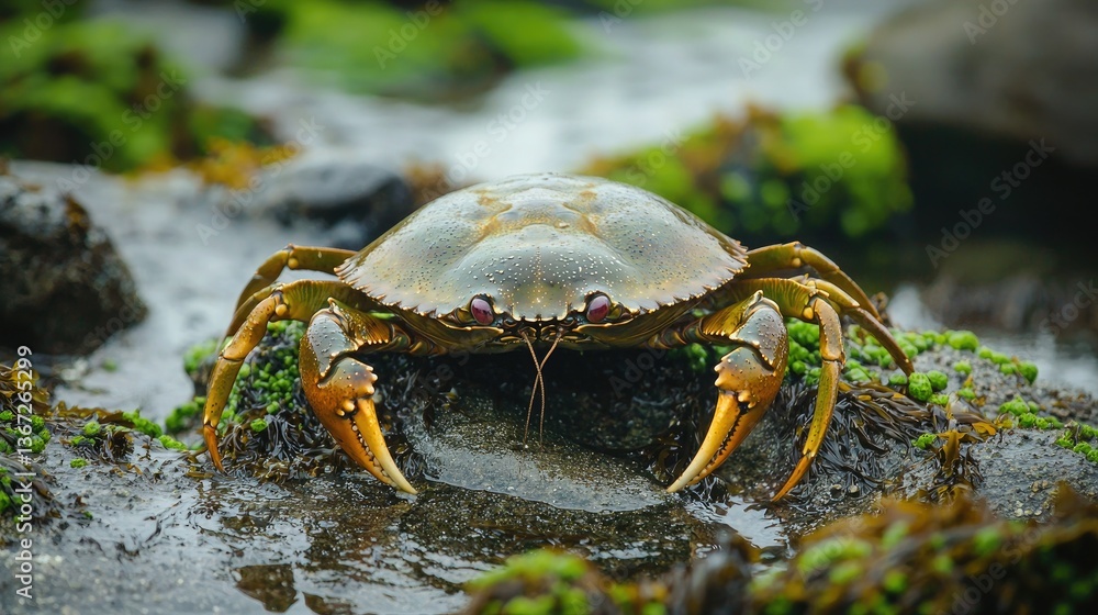 Poster iew of a horseshoe crab on a wet rock surrounded by algae.