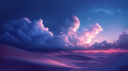 Stunning Desert Landscape Under a Starry Sky with Colorful Twilight Clouds and Moonlight