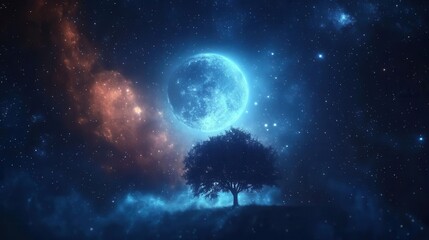 Silhouette of a Tree Under a Glowing Blue Moon in a Starry Night Sky