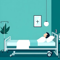 Digital Illustration Of Patient Resting In Hospital Bed With Blue Room Lighting