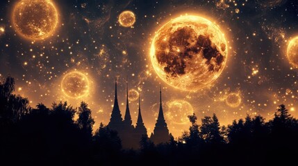 Silhouette of a Gothic Castle Under a Mystical Moonlit Sky with Twinkling Stars and Celestial Orbs