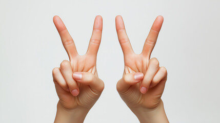 Caucasian adult hands showing peace gesture on light background