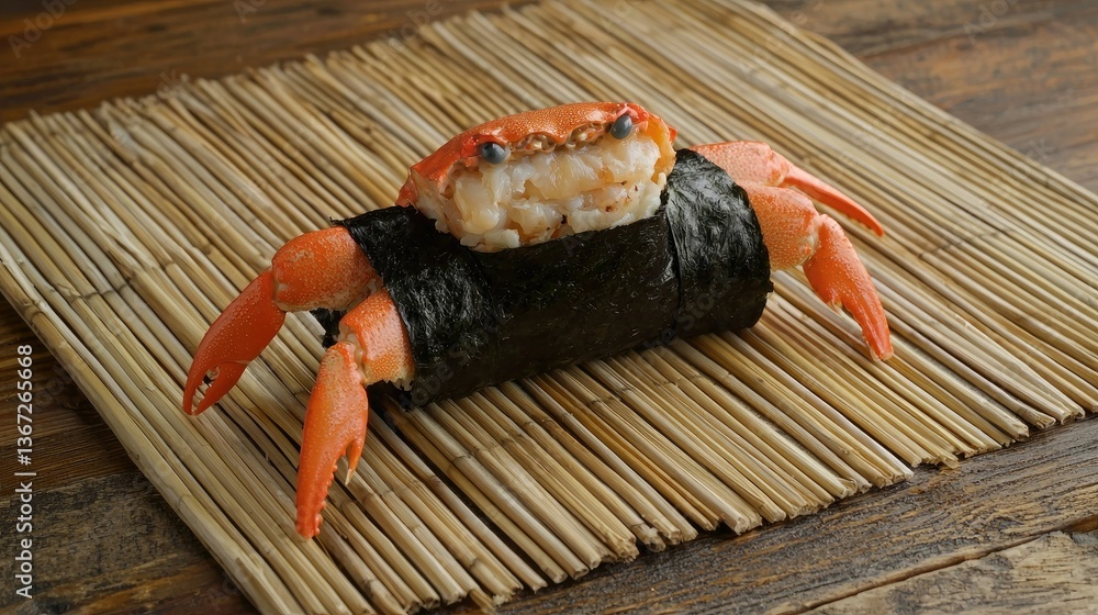 Poster Imitation crab as an ingredient in a fresh sushi roll on a bamboo mat. 