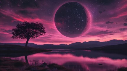Stunning Landscape of a Pink Sky and Moon Over a Serene Lake with Tree Silhouette