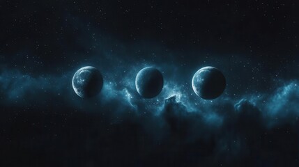 Three Celestial Bodies Floating in a Blue Nebula Within the Dark Cosmic Space