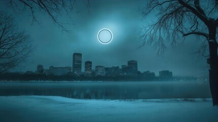 Snowy Urban Landscape at Night with Mysterious Moon and Skyline Reflection in Water