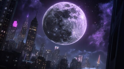Stunning Night View of a City Skyline Under a Large Purple Moon in a Starry Sky