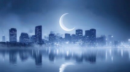 Urban City Skyline Under Moonlight with Reflections on Water and Misty Background at Night