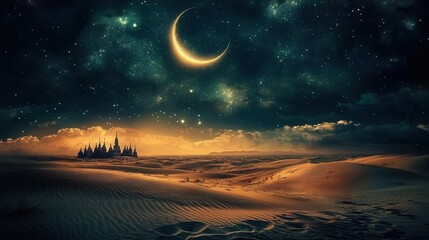 Stunning Desert Landscape Under Starry Night Sky with Crescent Moon and Distant City Silhouette