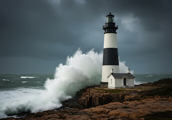 Obraz premium Lighthouse Stands Tall Amidst Crashing Waves During a Coastal Storm
