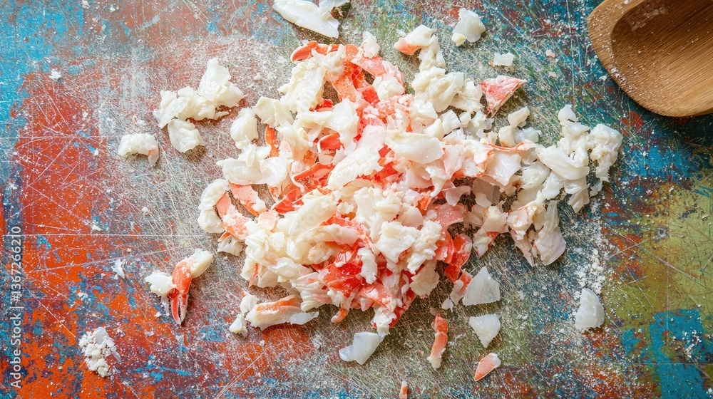 Poster imitation crab pieces on a colorful cutting board, ready for use in recipes
