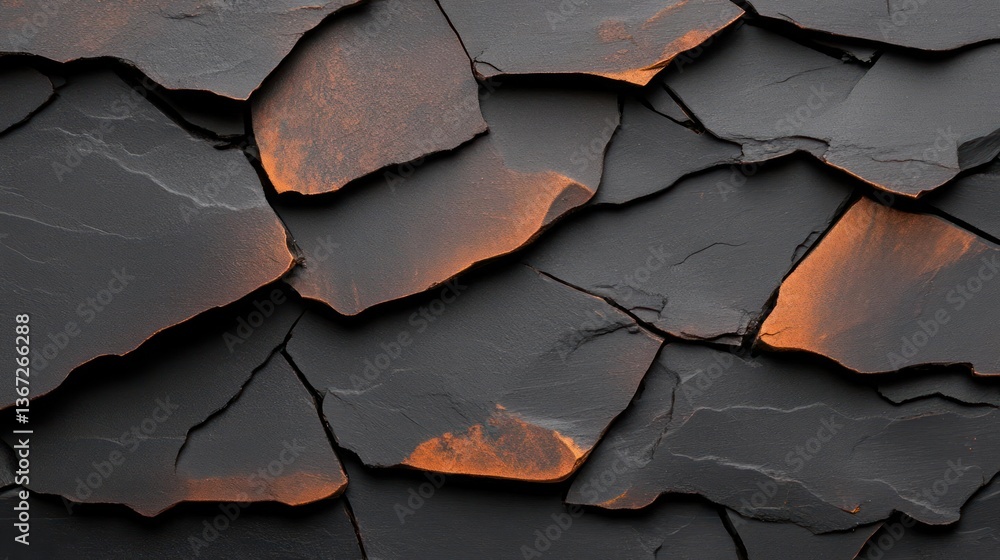 Poster Close up abstract texture of dark asphalt shingle roof with orange highlights and irregular shapes creating a rough surface background