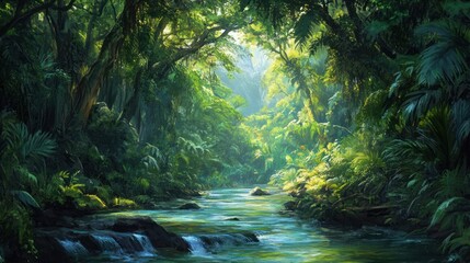Tranquil jungle river flowing through lush tropical vegetation landscape scenery