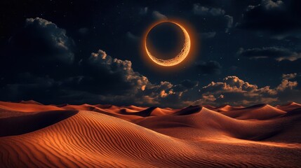 Stunning Crescent Moon Over Rolling Sand Dunes in a Tranquil Desert Night Landscape