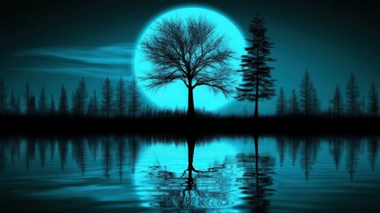 Silhouette of Trees Against a Bright Blue Moon Reflected on Calm Water at Night