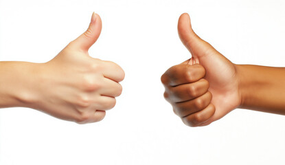 Caucasian and african male hands giving thumbs up gesture