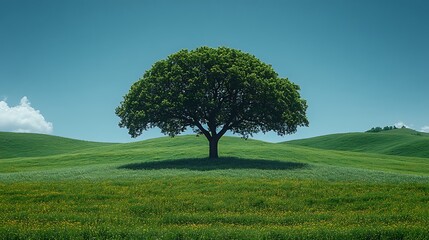 Obraz premium A solitary tree stands majestically on a lush green grassy landscape