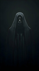 Dark Hooded Figure Portrait In Black Cloak And Monochrome Lighting