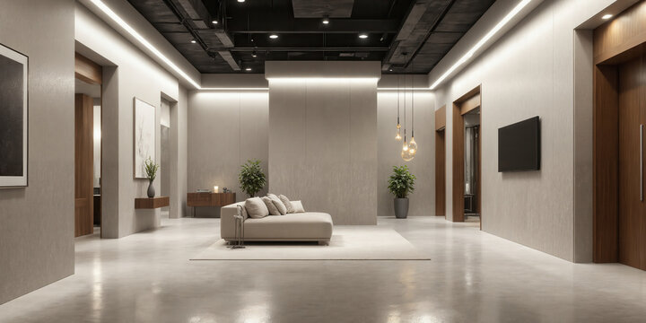 Micro-Cement Showroom Cutting-edge industrial space finished entirely in seamless micro-cement in trending neutral tone, with architectural lighting creating subtle mood