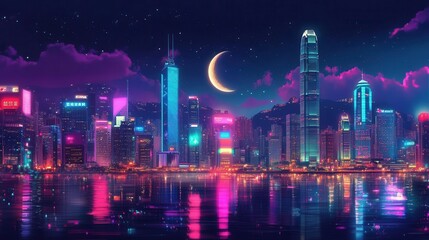 Vibrant City Skyline at Night with Colorful Neon Lights and Moonlit Reflection on Water