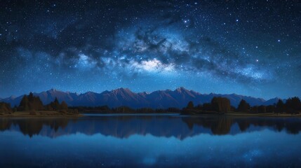 Stunning Night Sky with Milky Way Over Mountains Reflected in Calm Lake Landscape
