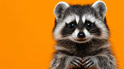 Cute raccoon with bright eyes on orange background