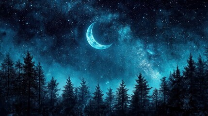Starry Night Sky with Crescent Moon Over Dense Forest Silhouettes in Deep Blue Atmosphere
