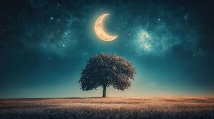 Solitary Tree Under Moonlit Sky Filled With Stars in a Serene Night Landscape