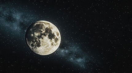 Vast Night Sky with a Brilliant Moon Surrounded by Stars and Cosmic Elements in Space